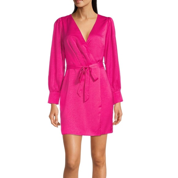 hot pink wrap dress long sleeve Wrap Dress Hot Pink Midi Dress With Sleeves Hot Pink Midi Dress With Sleeves PLT